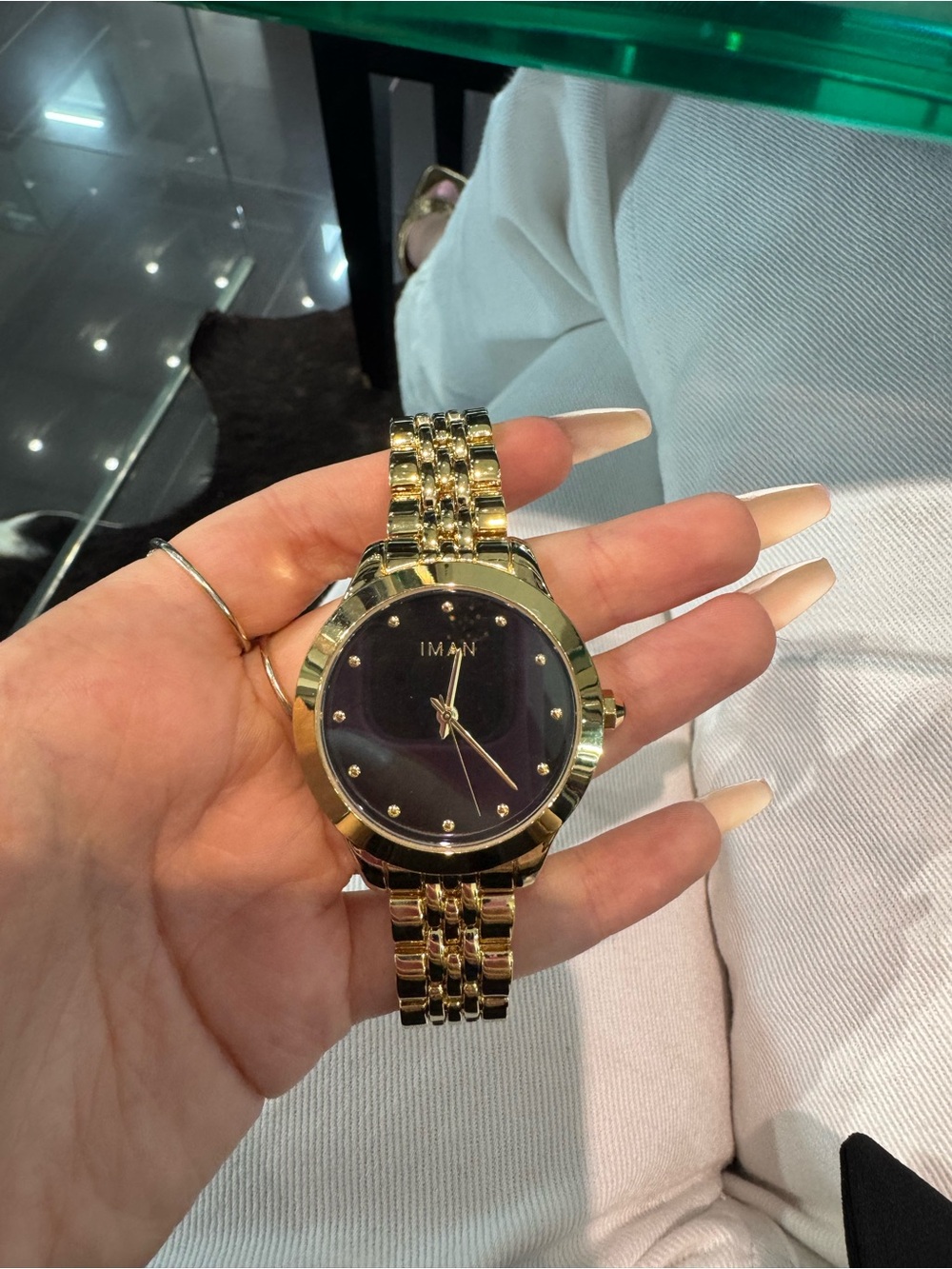 New IMAN Global Chic Gold-Tone Minimalist Black Dial Bracelet Watch